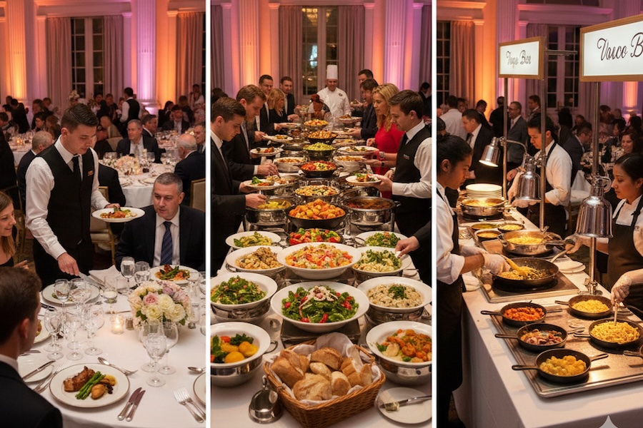 Dining choices for event, buffet style, plated or stations.