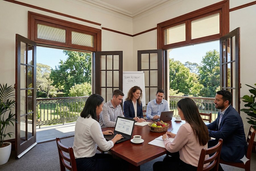 One table of team members working during an employee retreat at Villa Ragusa.