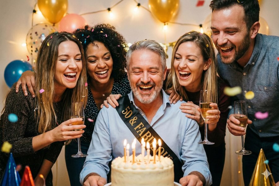 A man with his family celebrating his 50th birthday.