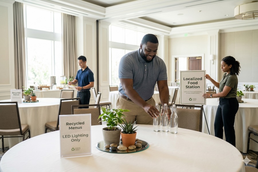 Ballroom employees setting up a room for an event.