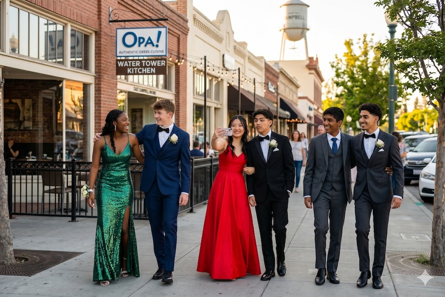 Teenagers having fun in downtown Campbell, CA before their prom at Villa Ragusa.
