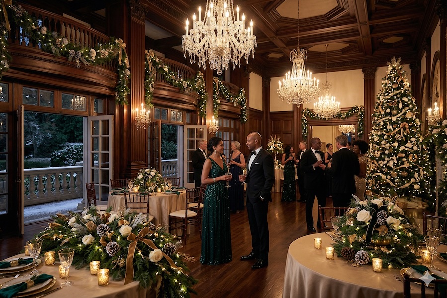 Winter holiday decor at a private party at Villa Ragusa event space.
