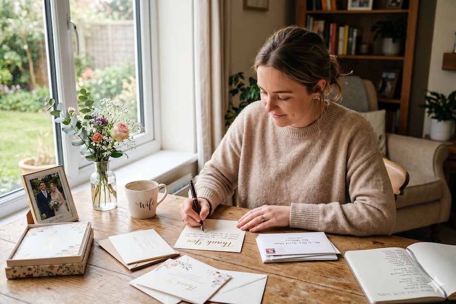 A new bride writing thank you notes to wedding guests.