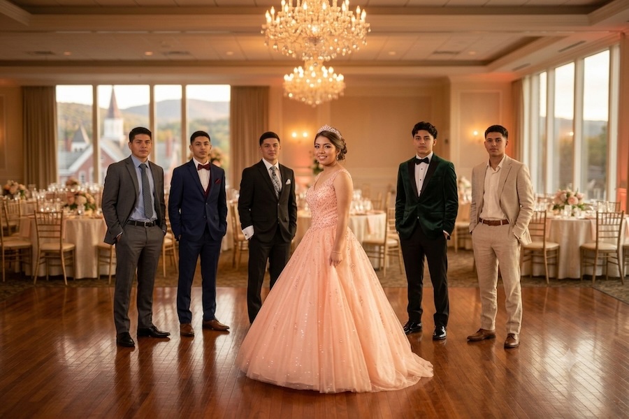 Young people posing for pictures at a Quinceañera.