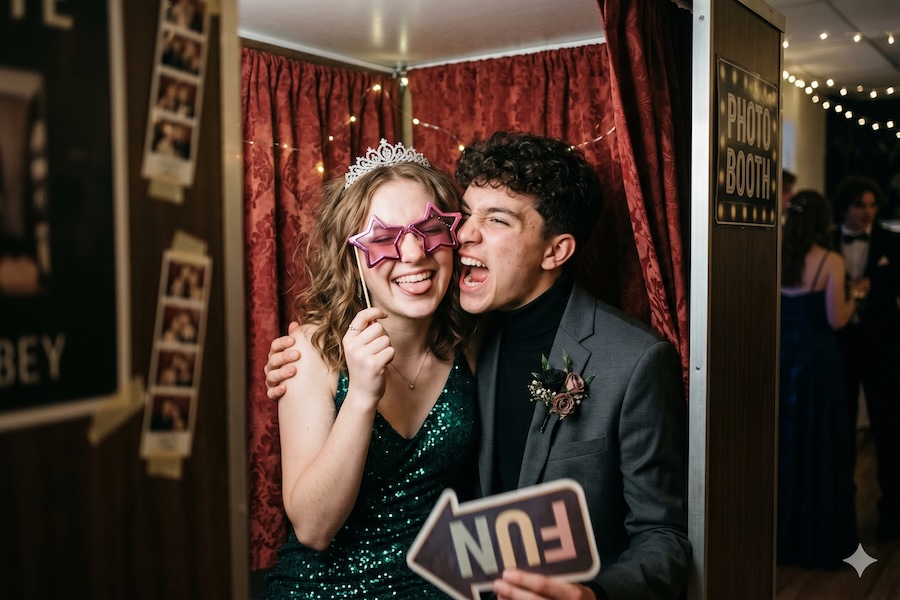 A teenage couple mugging for the camera in their prom's photo booth.