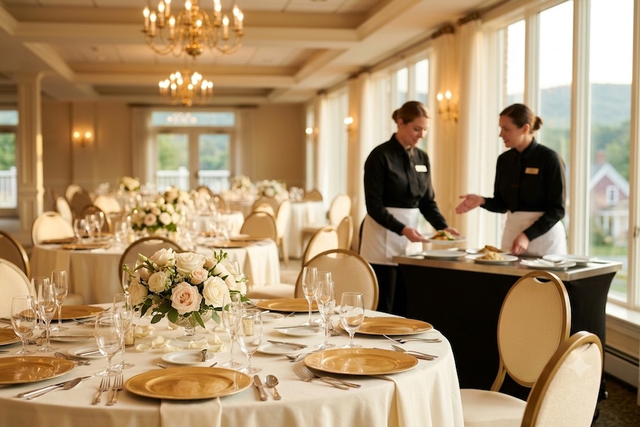 Elegant table setting and two waitstaff chatting.