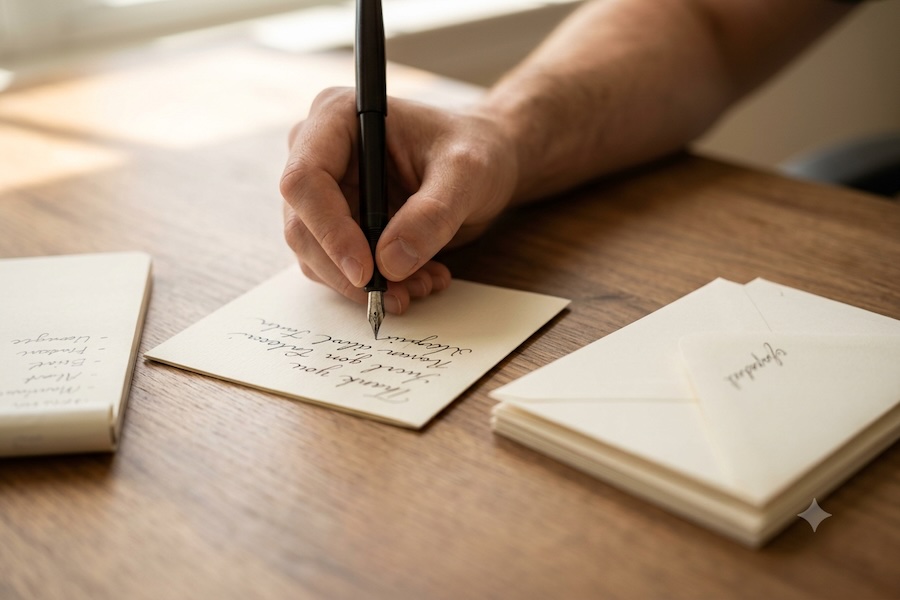 A hand writing a thank-you note after the wedding.