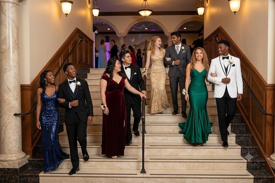 Prom dates arriving for their prom on the marble grand staircase at Villa Ragusa.