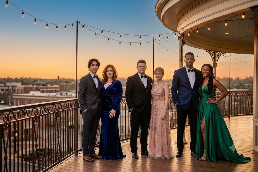 Prom couples on balcony waiting for a pre-prom dinner.